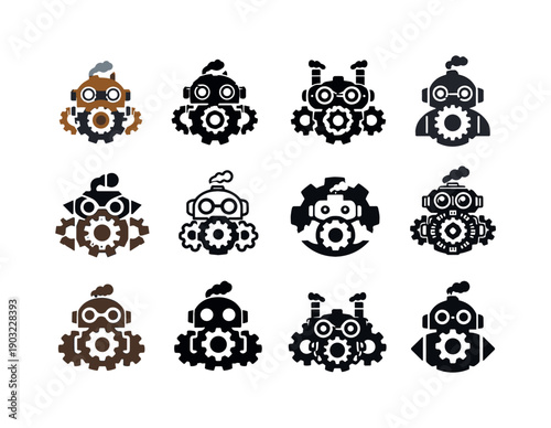 Steampunk Robot Logos. steampunk robots. Icon set. Set Logo of steampunk robots: cog-powered robot. harmonious logo variations of the same emblematic concept,