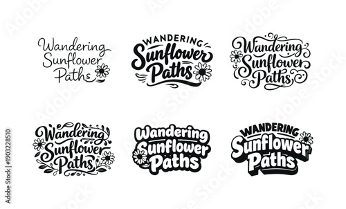 Sunflower Path Lettering. Wandering sunflower paths. Set lettering. harmonious lettering variations of the same emblematic concept, each with different