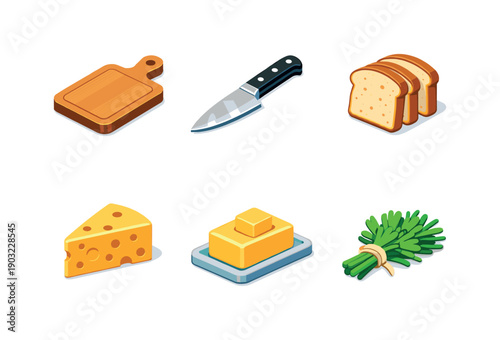 Home Cooking Essentials. Home cooking. Isometric flat vector icons set of home cooking: chopping board, kitchen knife, sliced bread, cheese block, butter