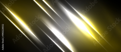 Abstract background features bright diagonal lines. Gold, silver, white hues create dynamic visual effect. Dark areas contrast light streaks.