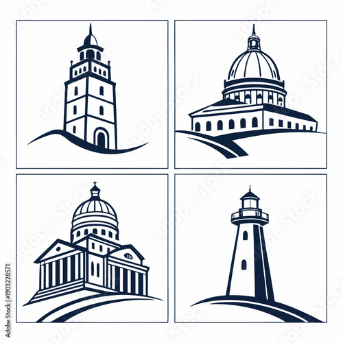 Four distinct architectural structures depicted in a minimalist black and white illustration Vector
