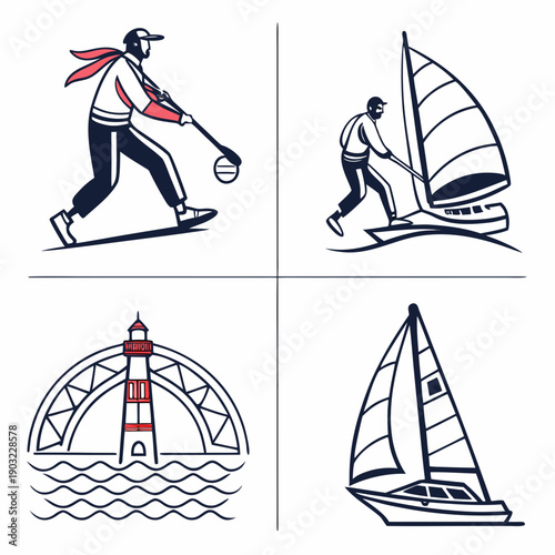 Illustrations of various sailing and winter sports activities Vector