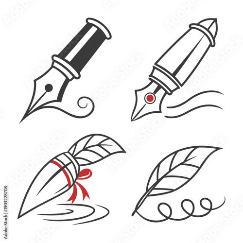 A collection of various writing instruments including a fountain pen, ballpoint pen, pencil, and paintbrush. Vector