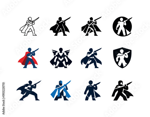 Cosplay performance. Icon set. Set Logo of cosplay performance: costumed character pose. harmonious logo variations of the same emblematic