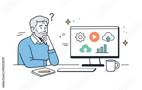 Learning anxiety in late career. A mature worker looking at a screen with unfamiliar icons, pausing thoughtfully before engaging. Clean
