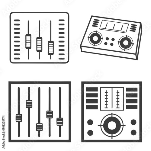 A collection of various audio mixing and sound editing equipment and interfaces. Vector