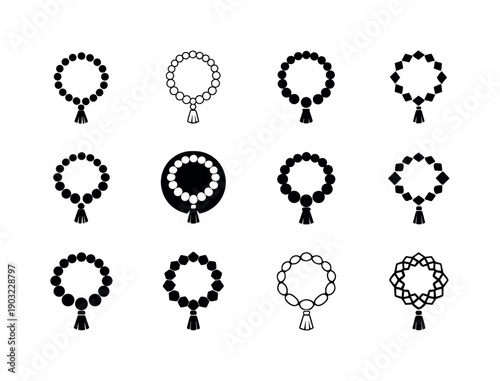 Monastic life. Icon set. Set Logo of monastic life: prayer beads forming circle. harmonious logo variations of the same emblematic concept,