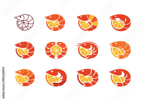 shrimp scampi. Icon set. Set Logo of shrimp scampi: shrimp with lemon slice. harmonious logo variations of the same emblematic concept, each