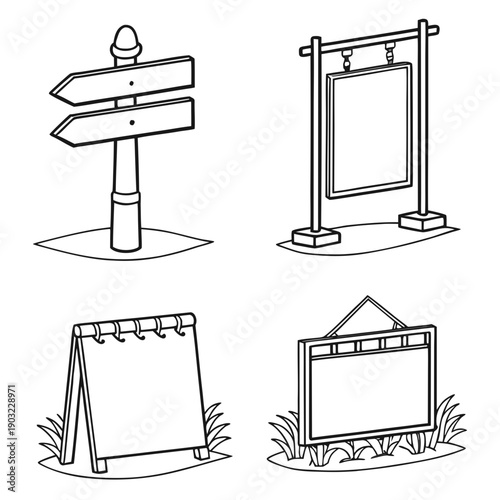 Four different types of signs and structures commonly found in outdoor settings. Vector