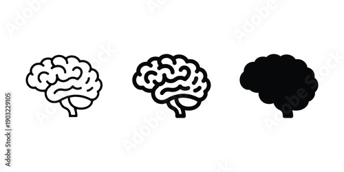 Human brain vector icon set with linear, Bold, and glyph silhouette styles for psychology, Neurology, and artificial intelligence design