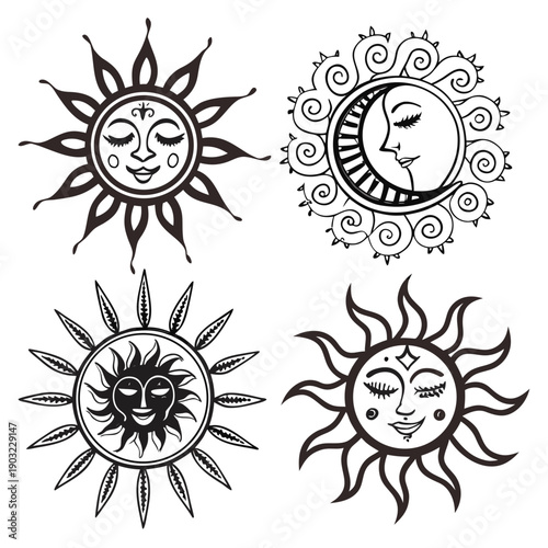 Four distinct celestial symbols representing the sun and moon in intricate designs Vector