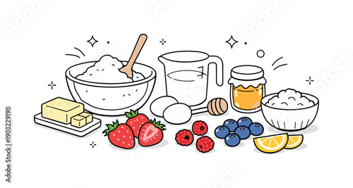 Spring Dessert Ingredients. Fresh ingredients for spring desserts. Close-up inspired arrangement of seasonal fruits and simple baking items, ready to be mixed.