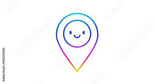 Vibrant gradient map pin icon with a charming happy face illustration representing joyful location