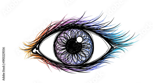 A captivating artistic illustration of a colorful human eye with vibrant multi-hued lashes and