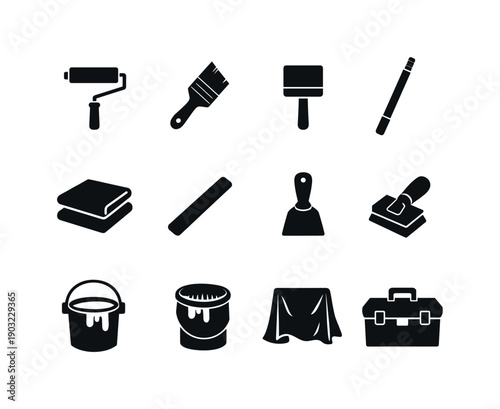 Painting walls. Solid icon set of painting tools: roller brush, angled paintbrush, sponge brush, extension pole, drop cloth, stir stick,