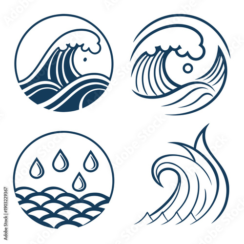 Four distinct illustrations of ocean waves and water droplets in a circular frame Vector