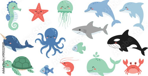Cute ocean animal collection with whale shark dolphin octopus turtle jellyfish crab and fish cartoon vector illustration set