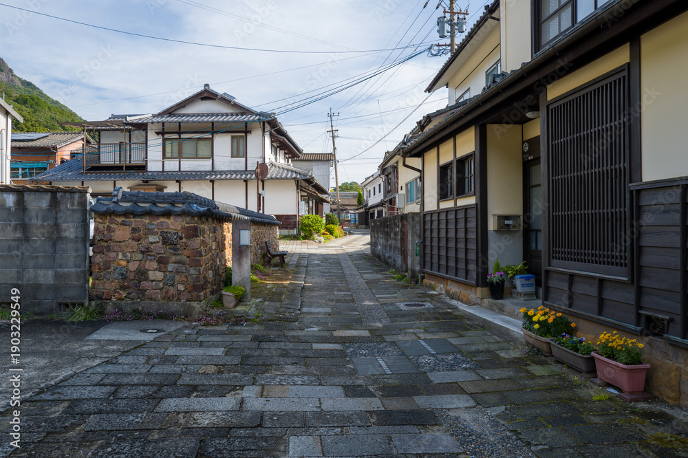 Obraz premium Charming narrow alley lined with stone and plaster walls, wooden facades, and potted flowers in Arita, Japan. Morning light highlights the quiet residential street beneath a clear sky, with green