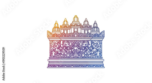 Hand drawn vector icon of a majestic Asian Buddhist temple complex with intricate details and