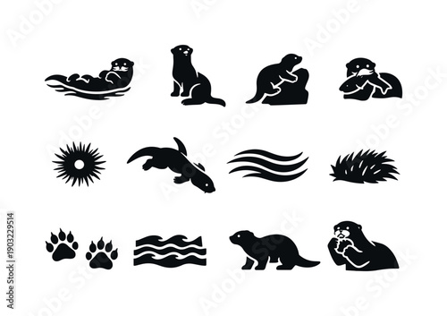 Wild Otter Icons. Wild Otters. Solid icon set of Wild Otters: sea otter swimming, alert otter, climbing rock, catching fish, sea urchin icon, diving