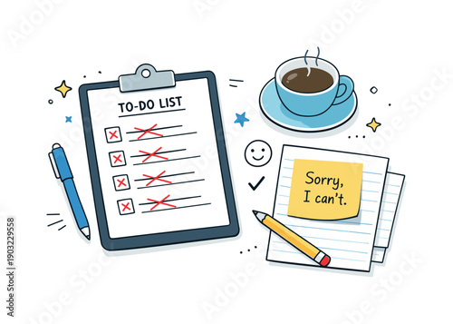 Saying no professionally. Flat lay composition with a checklist showing crossed-out tasks beside a coffee cup and notes. Concept of selective
