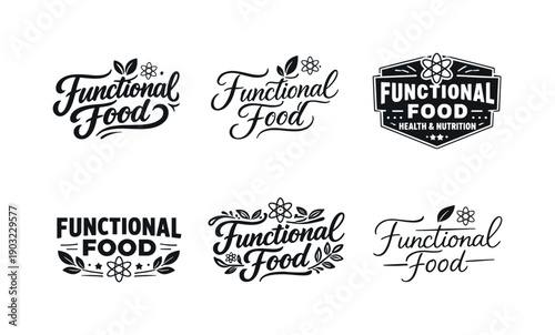 Functional food. Set lettering. harmonious lettering variations of the same emblematic concept, each with different artistic interpretation