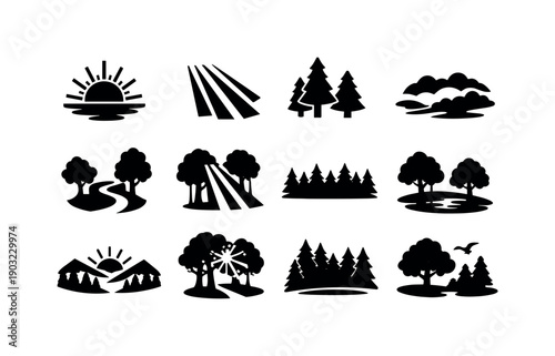 Morning forest light. Solid icon set of morning forest light: rising sun, early light rays, pine trees, morning mist, forest path, soft