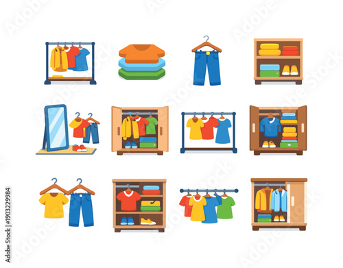 Daily Outfit Access. Colorful flat vector icons set of Daily Outfit Access: go-to clothes rack, everyday shirts, favorite jeans hanger, easy