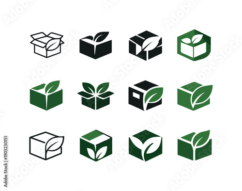 Eco-friendly packaging. Icon set. Set Logo of eco-friendly packaging: recyclable box with leaf. harmonious logo variations of the same