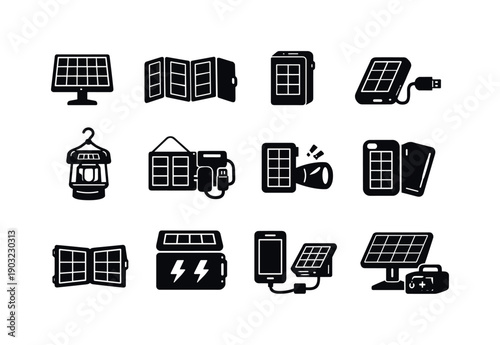 Portable solar devices. Solid icon set of portable solar devices: portable solar panel, foldable solar charger, solar power bank, solar USB