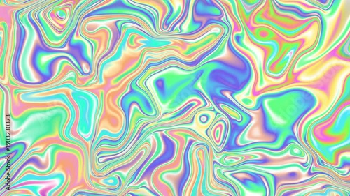 Swirling psychedelic rainbow colored fluid gradient. Seamless loop. Liquid soap bubble surface abstract background. Digital animation. 