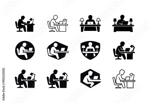 Work Habit Icons. Building effective work habits. Icon set. Set Logo of Building effective work habits: focused person at desk. harmonious logo variations of