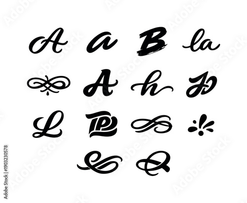 Calligraphy in modern design. Solid icon set of lettering styles: cursive letter, sans serif script, bold brushstroke, monoline lettering,