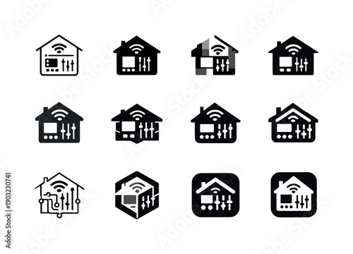 Custom-built home features. Icon set. Set Logo of Custom-built home features: smart home control panel. harmonious logo variations of the