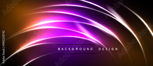 Abstract neon lines create dynamic curves. Vibrant purple, orange hues blend against dark backdrop. Modern design element.