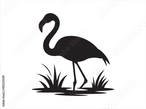Silhouette of flamingo in water with grass vector isolated, Flamingo Standing in Wetland Water Silhouette Vector Illustration