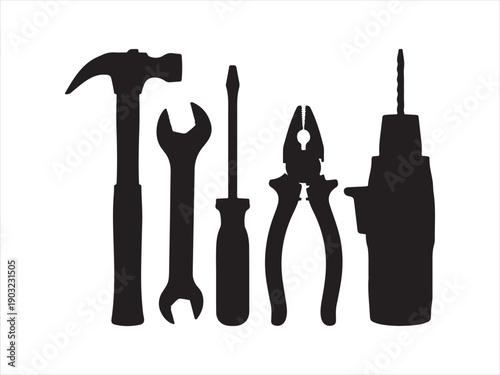 Hand Tools and Equipment Silhouette Icon Set, Including Hammer, Wrench, Screwdriver, Pliers and Drill