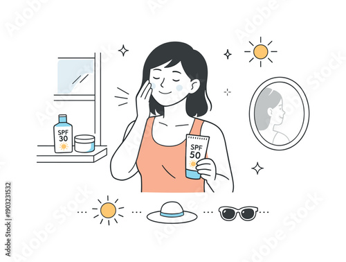 Calm Skincare Ritual. Sun protection products skincare routine. A person calmly applying sunscreen while standing near a window or mirror. The mood is gentle,