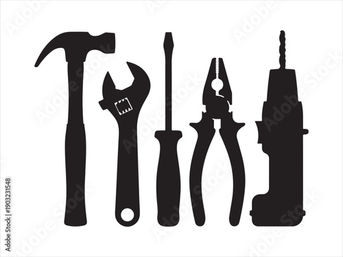 Hand Tools and Equipment Silhouette Icon Set, Including Hammer, Wrench, Screwdriver, Pliers and Drill
