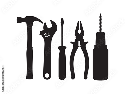Hand Tools and Equipment Silhouette Icon Set, Including Hammer, Wrench, Screwdriver, Pliers and Drill