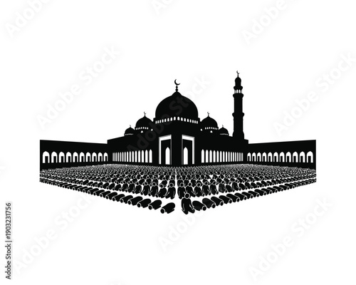 Mosque with people praying (small figures) vector silhouette illustration design set collection, mosque with people praying silhouette, mosque with worshippers vector, muslims praying at mosque