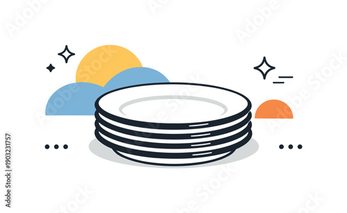 Modern Enamel Plates Design. Enamel plates set. A small stack of enamel plates paired with minimal abstract shapes, forming a clean and modern composition. The