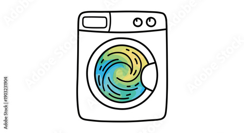 Whimsical cartoon washing machine illustration showing colorful swirling water inside the drum a