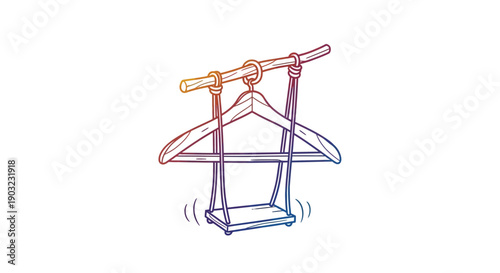 A whimsical gradient line art illustration of a clothes hanger transformed into a playful swing