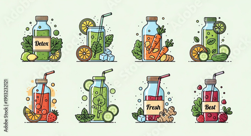Collection of Fresh Fruit and Vegetable Juices in Glass Bottles and Glasses.