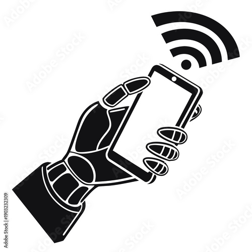 A futuristic robotic hand holding a smartphone with a wifi signal emanating from it