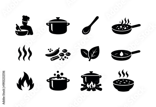 Traditional curry preparation. Solid icon set of traditional curry preparation: cook silhouette, heavy pot, wooden spoon, spice tempering,