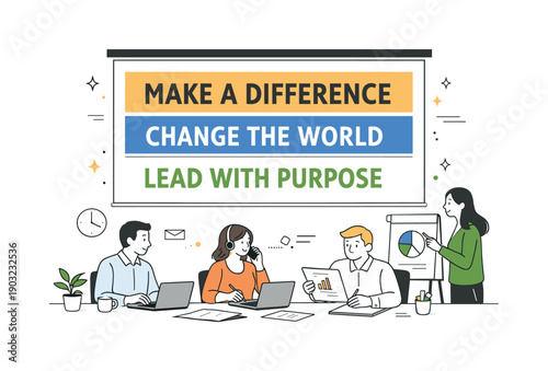 Purpose washing business. A company presentation showing big purpose words on a screen while daily work tasks remain unchanged below. The