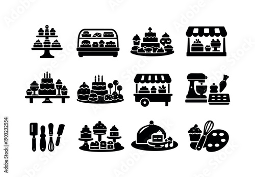 Bakery presentation. Solid icon set of bakery presentation: dessert display stand, pastry showcase counter, sweets arrangement, bakery window