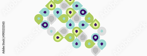 Abstract pattern features rounded shapes, varying colors. Green, purple, blue tones dominate white background. Simple, modern design.